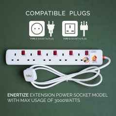Enertize Extension Cord Multiple Trailing Power Socket Plug : 5 Gang Socket with 2 / 5 Meter Cable Cord Wire