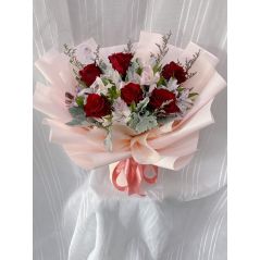 6 Stalk Red Rose with estromeria, caspia & silver leaf bouquet