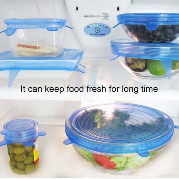 6Pcs Kitchen Reusable Silicone Stretch Seal Lid Preservation Vacuum Food Storage Bowl Cover Blue Color