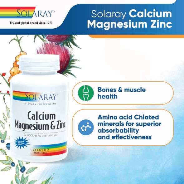 BONES & MUSCLE HEALTH - Solaray Calcium Magnesium Zinc Extra 20% - 120 Capsules