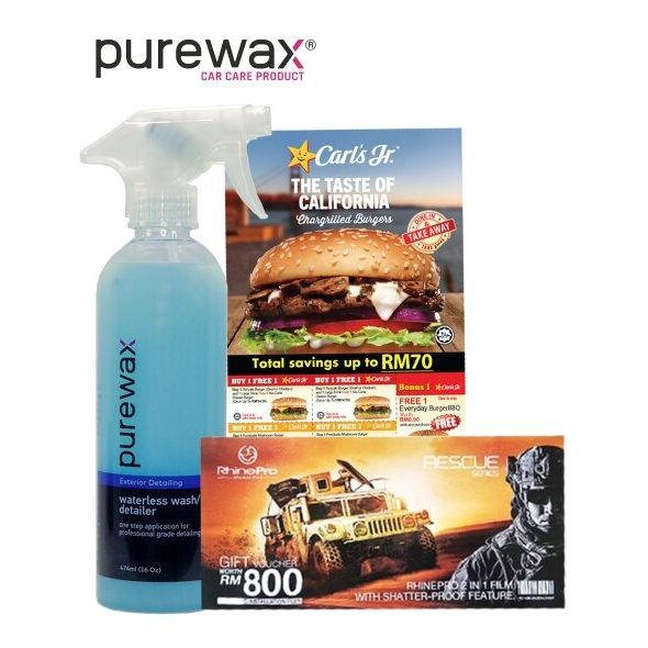 PureWaxWaterless Wash / Detailer(474ml) With Tinted Voucher and Carls Jr VoucherWaterless Wash(474ml) x 1pcTinted Voucher x 1pcCarls Jr Voucher x 1pc
