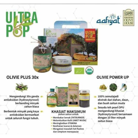 OLIVE HOUSE - Ultra Pop Combo (Olivie Plus 30x 250 ml & Olivie Power Up 100 g) + Free Gift l Keradangan minyak zaitun asli organik  premium